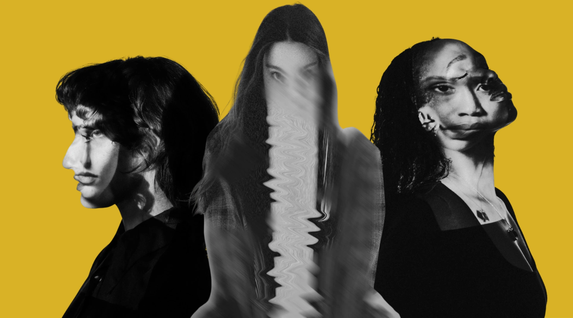Three distorted black-and-white portraits of women against a golden yellow background.
